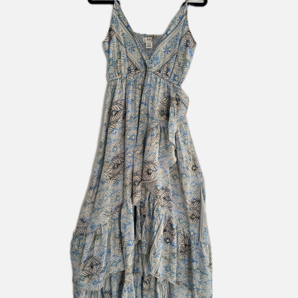 Zury Silk Dress —  Blue, White and Gold Maxi Dress